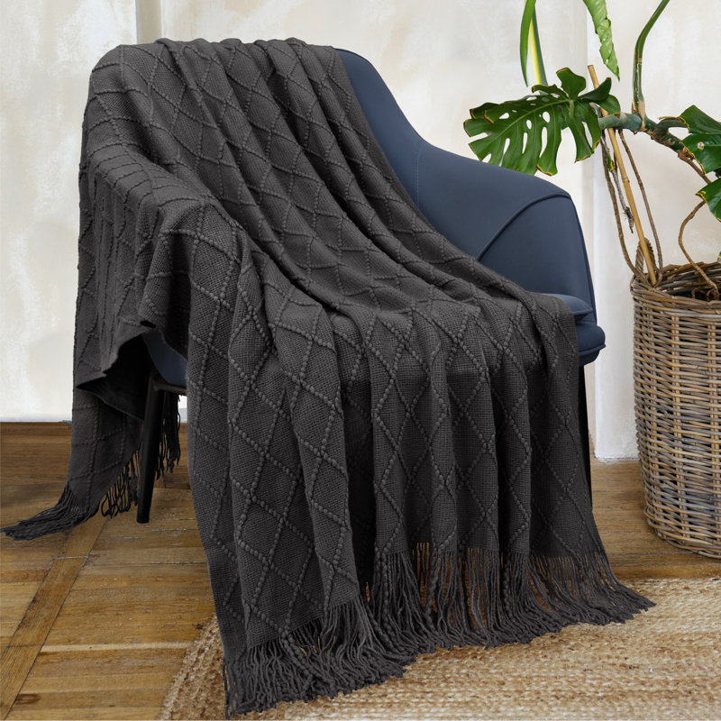 Charcoal Gray Knitted Fringe Throw Blanket for Couch