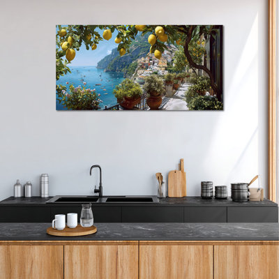  Amalfi Coast Lemon Canvas Wall Art, Mediterranean Balcony View Painting, Italian Coastal Landscape Print, Vibrant Italy Wall Art for Living Room Dining Room Bedroom Office 12x24"