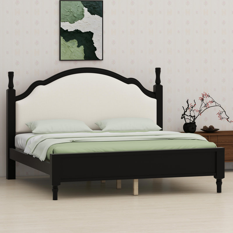 Lit plateforme contemporain en bois avec tête de lit en tissu doux, Beige + noir