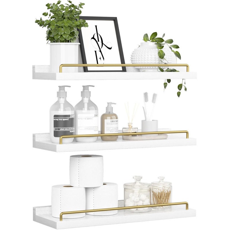 Floating Shelves, 3 Pcs, White/gold, White
