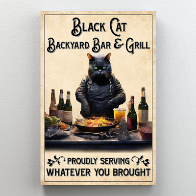 «Black Cat Backyard Bar and Grill Green Eyed Cook», art mural sur toile - salon, chambre à coucher ou bureau