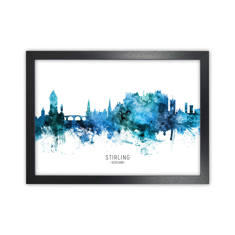 Stirling Scotland Skyline Blue City Name by Michael Tompsett - Print, Black Framed, 25cm H x 34cm W x 3cm D