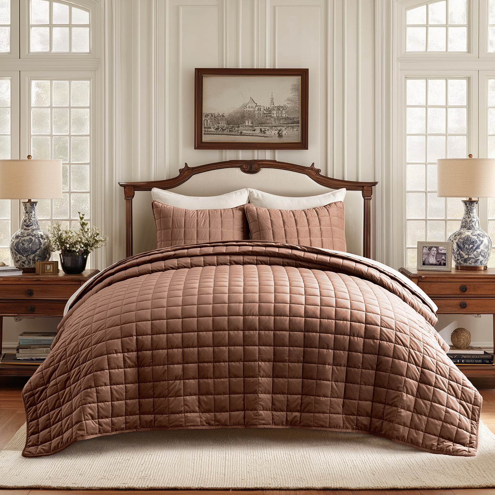 Velvet Quilt Set, Queen Quilt + 2 Standard Shams, Terracotta Clay