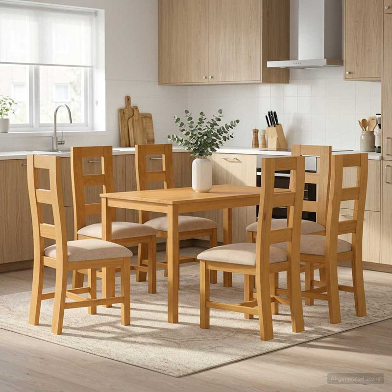 6 -Person Oak Solid Wood Dining Set, Grey, Grey, Grey, Grey