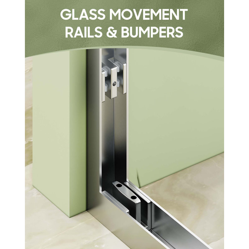 Encadrée des deux portes de douche coulissantes en verre, verre trempé transparent, finition argentée, gros rouleaux, rail carré, revêtement autonettoyant des deux côtés