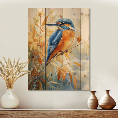 Martin-pêcheur bleu dans les roseaux, oiseau I - décoration murale en bois d'oiseau - sur bois de pin naturel