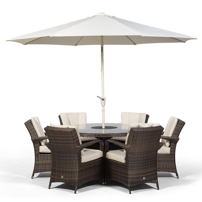 Karas 6 Seater Dining Set with Cushions and Parasol, Brown