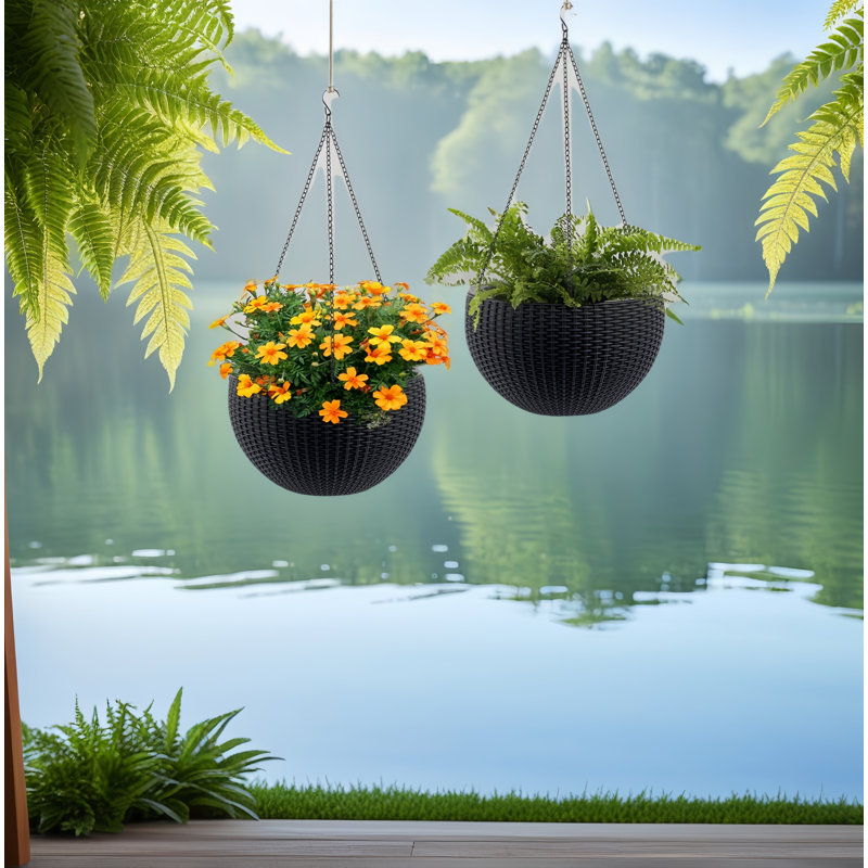13 po Ensemble de pots à fleurs ronds en rotin avec système d'auto-arrosage W, Noir