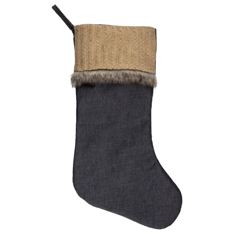 20" Blue and Beige Burlap Chambray Christmas Stocking with Faux Fur Trim