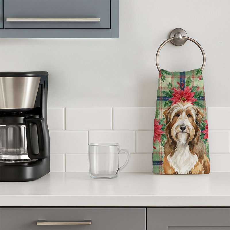 Brown Bearded Collie Christmas PoinsettIas Kitchen Towel, Brown Bearded Collie