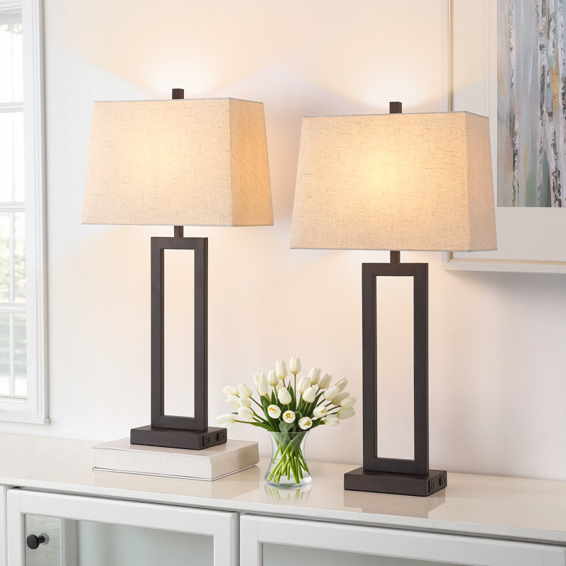 Jalob 28.5 in. Metal Table Lamp Set with USB,Type-C Ports and Built-in Outlet, Brown