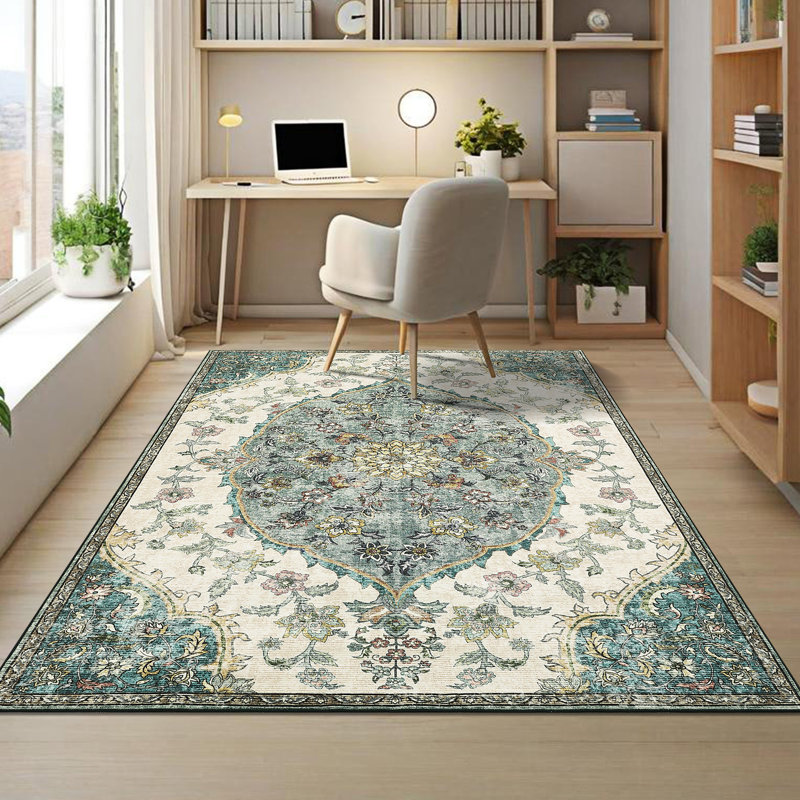 Vintage Machine Washable Bedroom Rug, Non-Slip Non-Shedding Low-Pile Dining Room Rug, Soft Rug for Living Room