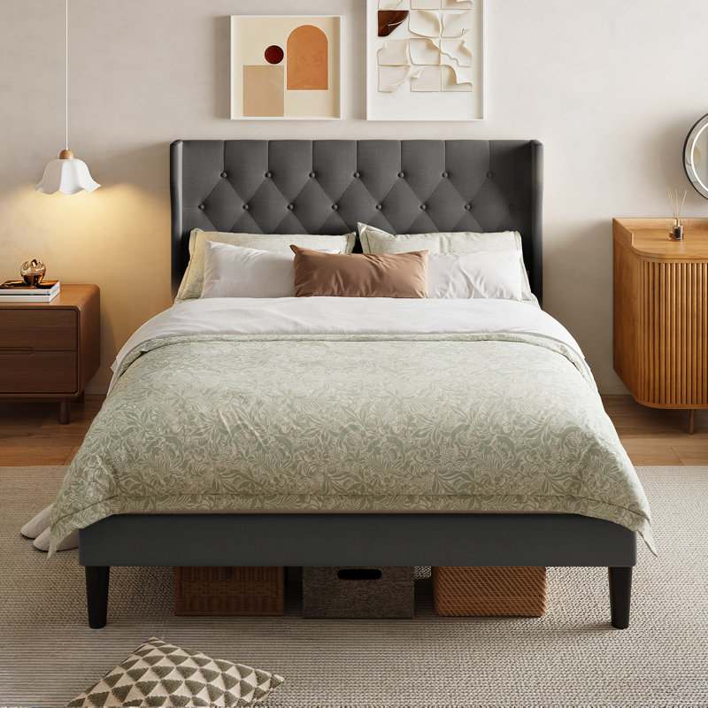 Linen Tufted Wingback Upholstered Platform Bed with Wood Slats Headboard Included, Gray