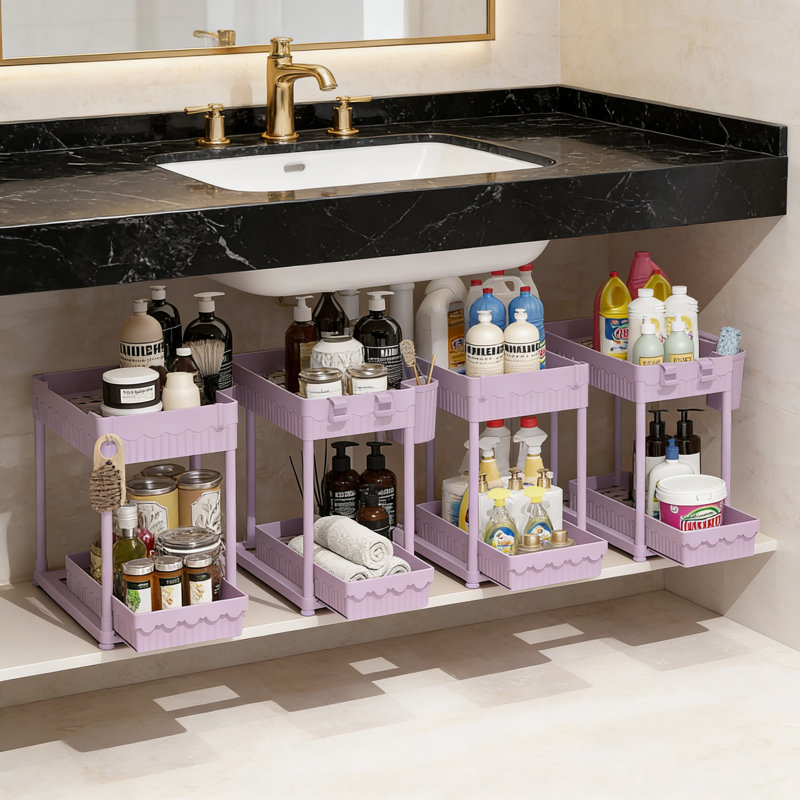 4-Pack Adjustable Pull-Out Organizer With Hooks & Cups, 2-Tier Under Sink Storage, Purple