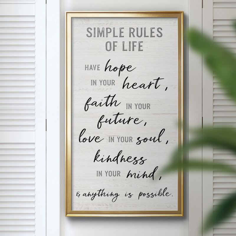 Simple Rules of Life - Art textuel sur toile encadré, H 22,5 po x l 42,5 po x P 1,5 po, Cadre doré