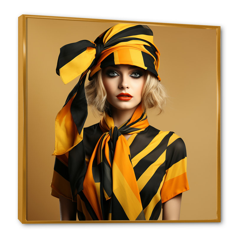 Photographie glamour jaune et noir - Illustration de mode, art mural, Cadre flottant doré, H 36 po x l 36 po x P 1,5 po