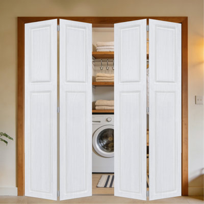 Double à 2 panneaux pliables de 96 po x 48 po Porte de grange coulissante en bois de noyer blanc avec ensemble de quincaillerie