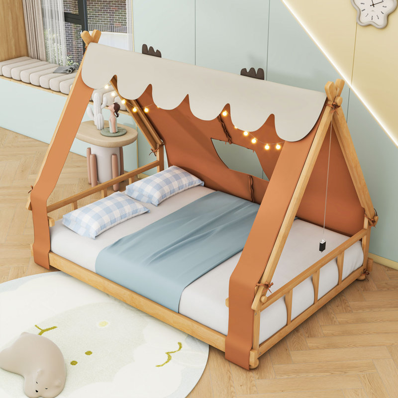 Lit maison avec tente et lumière, Double, Brun