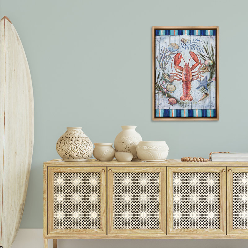«Coastal Wreath & Lobster» par Geoff Allen, H 31 po x l 21 po, Cadre flottant noir de jais
