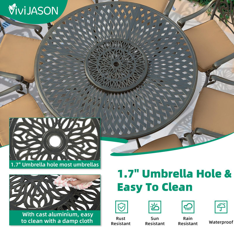 Red Barrel Studio 23.98" Cast Aluminum Lazy Susan Turntable, 360° Rotating Display Tray With Silent Bearings, Round Table Top Swivel Serving Plate With Umbrella Hole For Outdoor Dining Table, Elizabeth Style