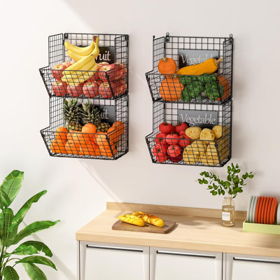  Support de panier de rangement en fil métallique, organisateur de panier de rangement mural très grand à 4 niveaux avec tableaux noirs, panier de rangement pour fruits et légumes, panier de rangement pour salle de bain (noir)