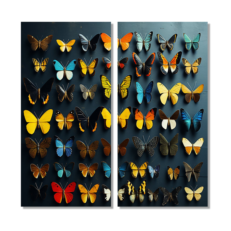 Collage de papillons colorés flottants - art mural moderne 2 pièces, H 32 po x l 32 po, Toile tendue, Ne s’applique pas