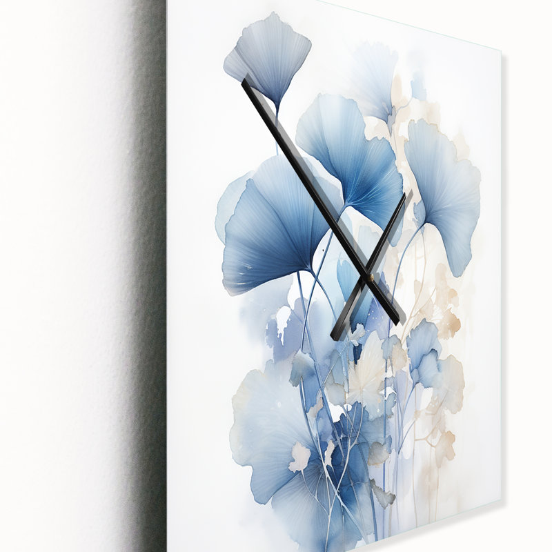 Horloge murale délicate, feuilles de ginko bleu sur aquarelle, Petit