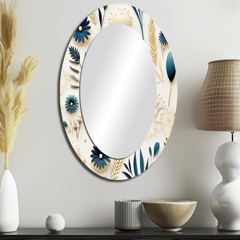 Miroir mural ovale bleu et blanc, H 36 po x l 24 po