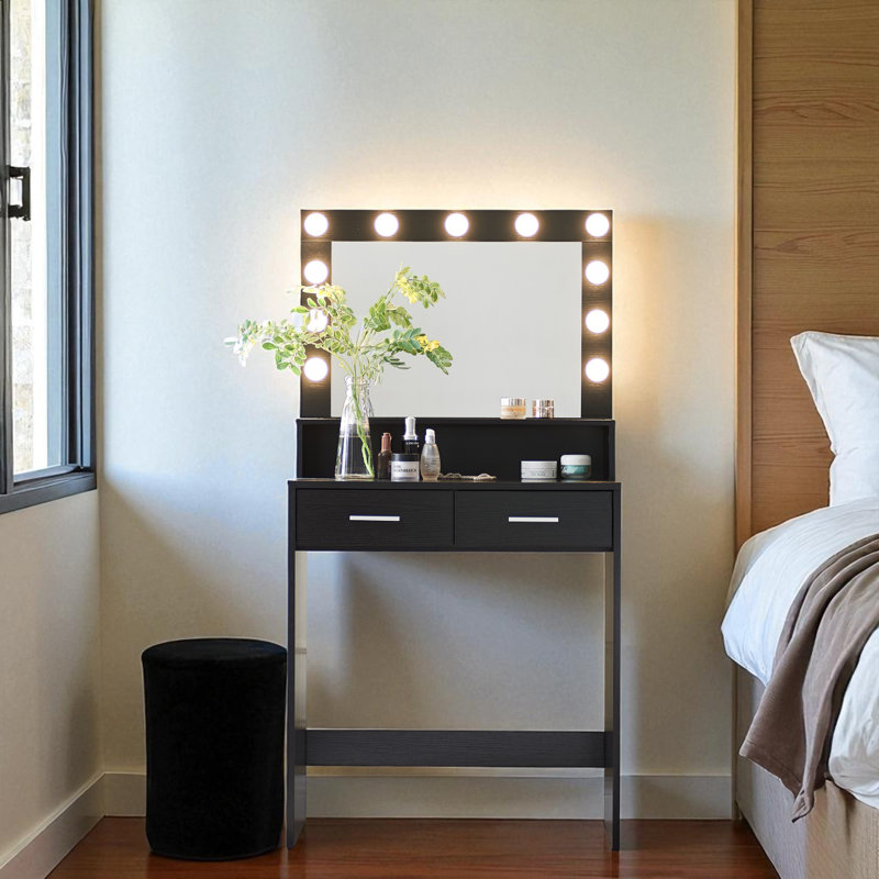 Coiffeuse noire avec miroir et lumières, grand tiroir, meuble-lavabo à 2 niveaux, 3 modes d'éclairage