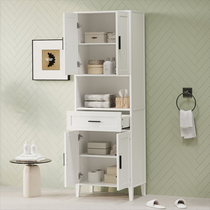 Grande armoire autoportante de 70,9 po de hauteur avec tiroir, 2 armoires, 4 portes à fermeture douce, 2 tablettes réglables, rangement ouvert pour la salle de bain, le salon, la salle de lavage