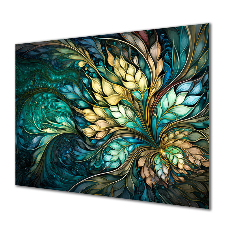 Turquoise, art nouveau, feuilles spirales - Botanicals, impression d'art mural, Métal métal, H 16 po x l 32 po x P 1 po