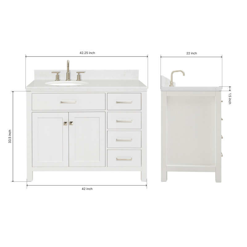 5_ARIEL Bristol 36 Single Sink Bathroom Vanity with Carrara White Quartz, White, Oval, 42" 