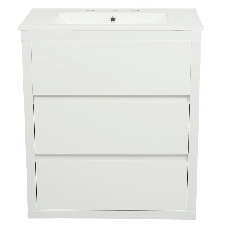 Meuble-lavabo avec lavabo en céramique et 2 tiroirs pleine extension, meuble-lavabo autoportant avec poignée libre à 45 °, glissières de tiroir à fermeture en douceur