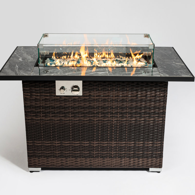 50000Btu Propane Fire Pit Table With Ceramic Top, 44Inch Outdoor, Rectangular , Lid, Rain Cover, Vivid Glass Rocks, Color Gas Table, Tile 50000Btu, Flashing Finish