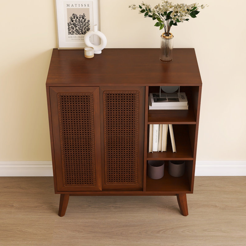 Modern Rattan Sideboard With Adjustable Shelves, Walnut