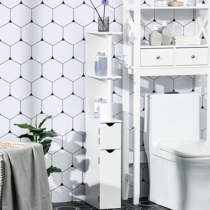 Grande armoire de rangement pour salle de bain, tour à linge autoportante avec 2 tablettes ouvertes et 2 armoires à portes