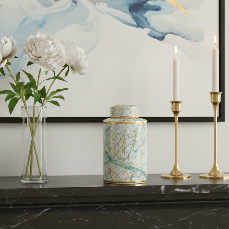 Modern Ceramic Marble Pattern Table Jar with Lid for Home Decor - Decorative Cylindrical Tall Jar for Storage Accent or Shelf Styling - Green