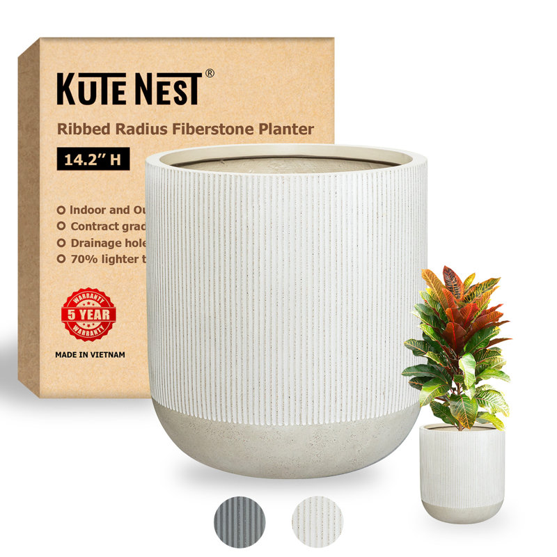 Kute Nest Indoor/Outdoor Small Ribbed Radius Fiberstone Planter, Frost Gray, 14.2" H x 13" W x 13" D