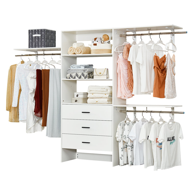 Armoire-penderie moderne blanche avec 6 tablettes et 3 tiroirs