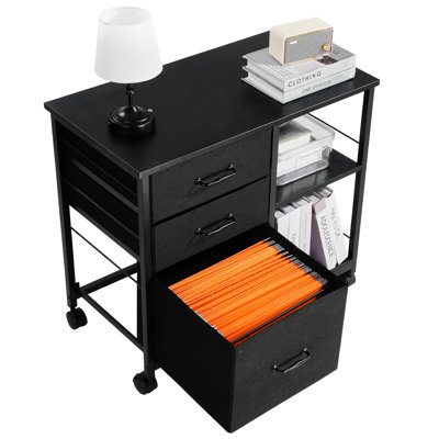 Classeur mobile en métal noir avec 3 tiroirs non tissés et 2 tablettes ouvertes, amplement d'espace pour les magazines de bureau, cadre en tissu haute résistance, accès rapide aux documents, verrouillable