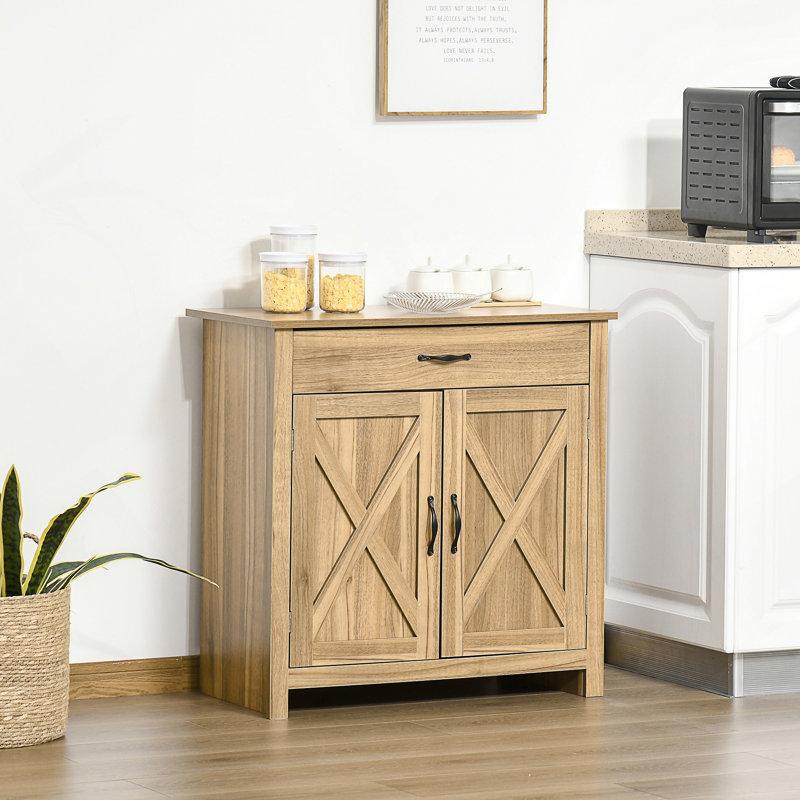 Farmhouse Sideboard Buffet Cabinet, Barn Door Coffee Bar Cabinet with Adjustable Shelf, Light Natural Wood 