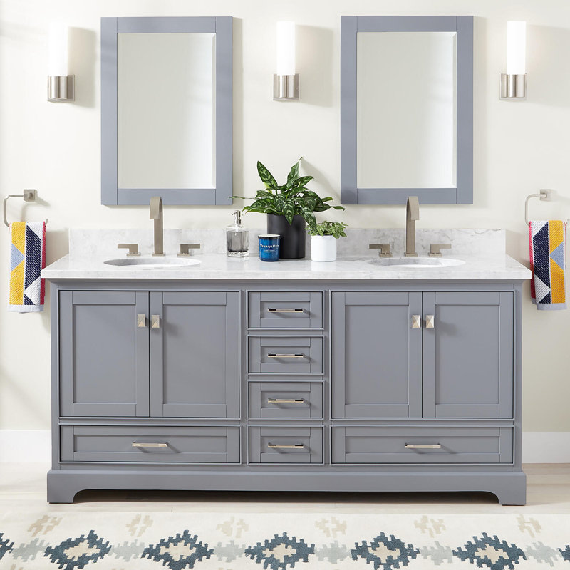 Quen 60" Freestanding Double Basin Vanity Set with Cabinet, Vanity Top, and Oval Undermount Sinks, Gray, Brushed Nickel