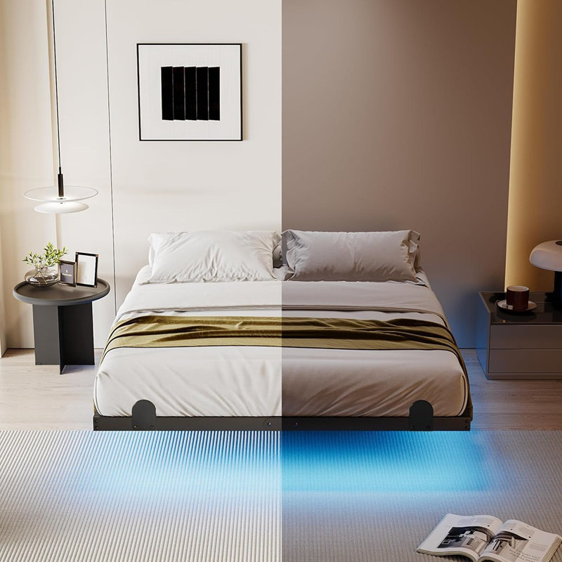 14 Inch Floating Queen Bed Frame With Smart LED Lights And Charging Station, Modern Metal Queen Bed Frame, Easy To Assemble, No Box Spring Needed (Queen)
