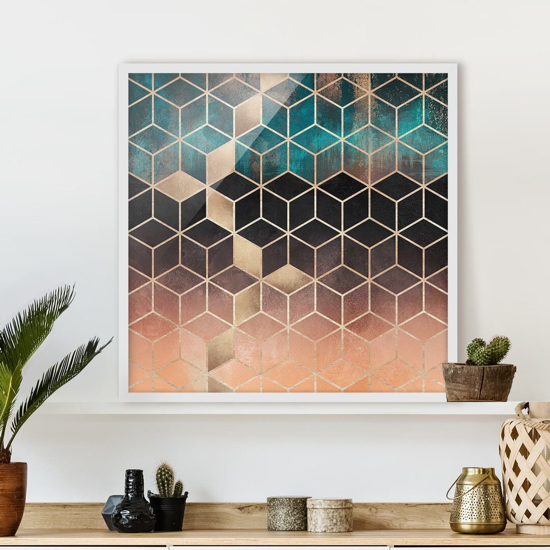 Gerahmtes Poster Turquoise Rosé Golden Geometry