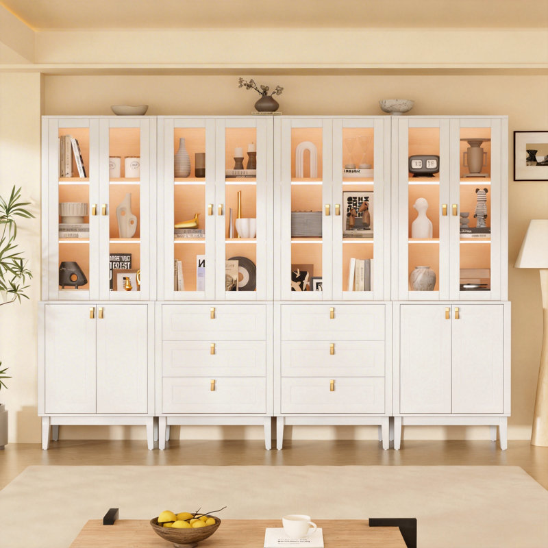 94.5" W Modular Library Bookcase with Glass Doors, Integrated LED Lighting, Brass-Coloured Hardware & Genuine Leather Loop Pulls, Large White Wall Unit with Drawers and Storage Cabinets