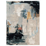 Hand Knotted Abstract Area Rug in Beige/Black/Blue