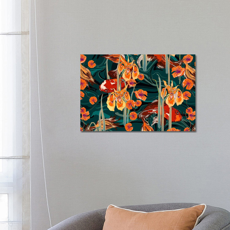 Koi Pond Orange Tones - reproduction d'art murale encadrée, H 18 po x l 26 po, Toile tendue, Ne s’applique pas
