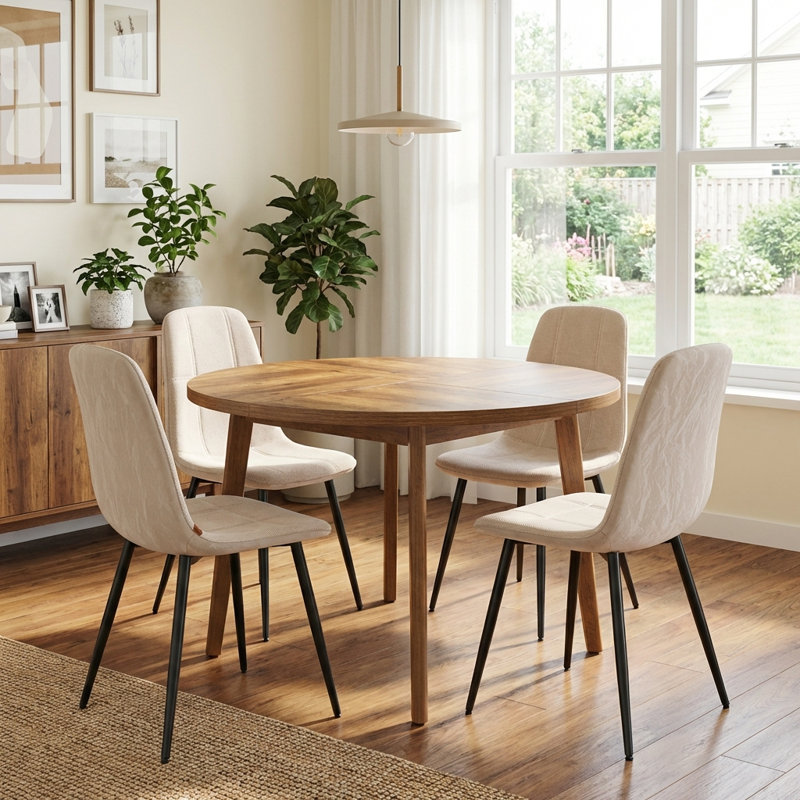 5 Pieces Round Kitchen Table With Upholstered Chenille Fabric Leather Dining Chairs