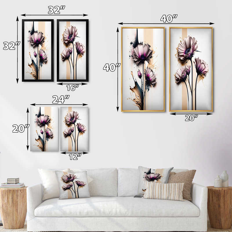 «Pink Gerbera Flower On Abstract Fusion», 2 pièces sur toile, Cadre noir, H 32 po x l 32 po