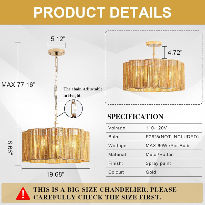 Convertible Linear-Woven Rattan Ceiling Light - Dimmable Flush Mount/Pendant With Adjustable Chain And Rod For Kitchen Island & Dining Room
